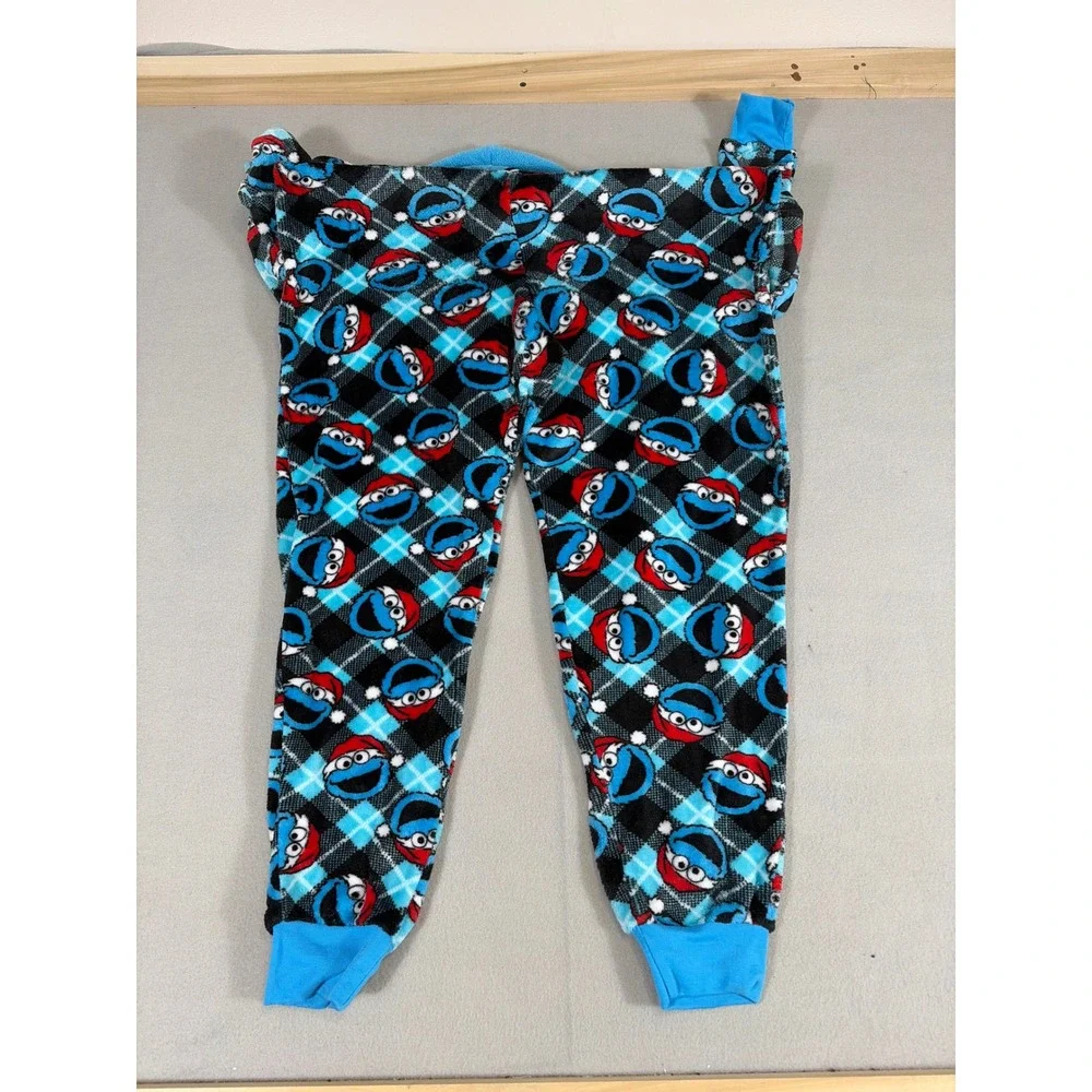 Sesame Street Cookie Monster Hooded One Piece Pajamas Suit Blue‎ Plaid Medium